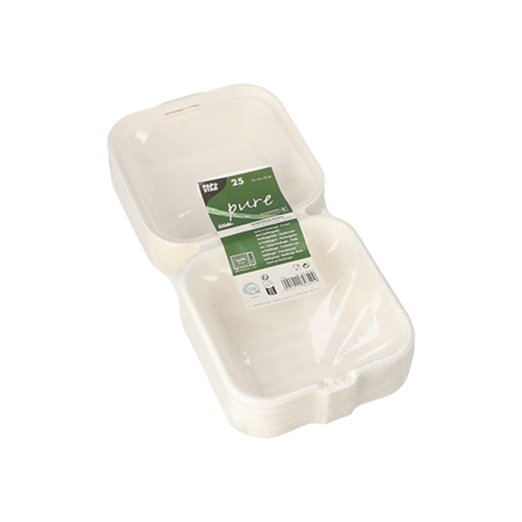 Papstar Take-away-Box PURE, Bagasse (Zuckerrohr) – 140 × 150 × 80 mm, weiss – 25 Stk.