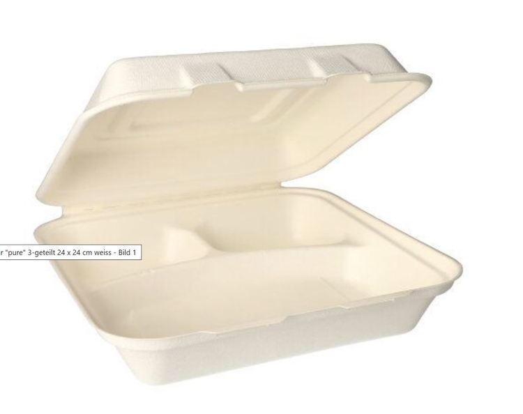 Papstar Take-away-Box Bagasse (Zuckerrohr), 3-geteilt – 80 × 240 × 240 mm, weiss – kompostierbar – 25 Stk.