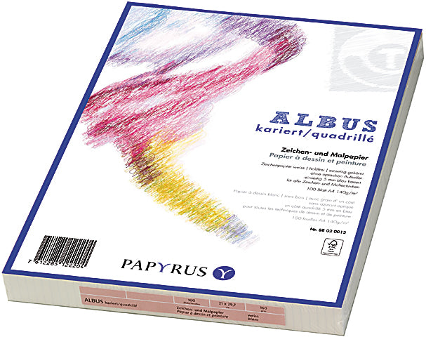 Papyrus Zeichenpapier – A4 – 140 g/m² – 100 Blatt – kariert 5 mm – für Aquarell, Gouache & Bleistift