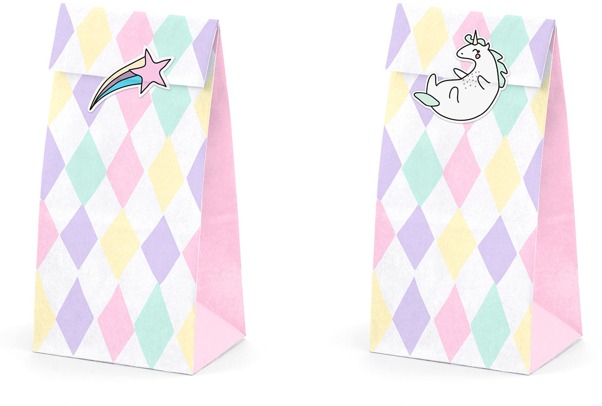 Partydeco Tüten für Süssigkeiten Einhorn – 8 × 18 × 6 cm – 6 Stk – inkl. 6 Aufkleber