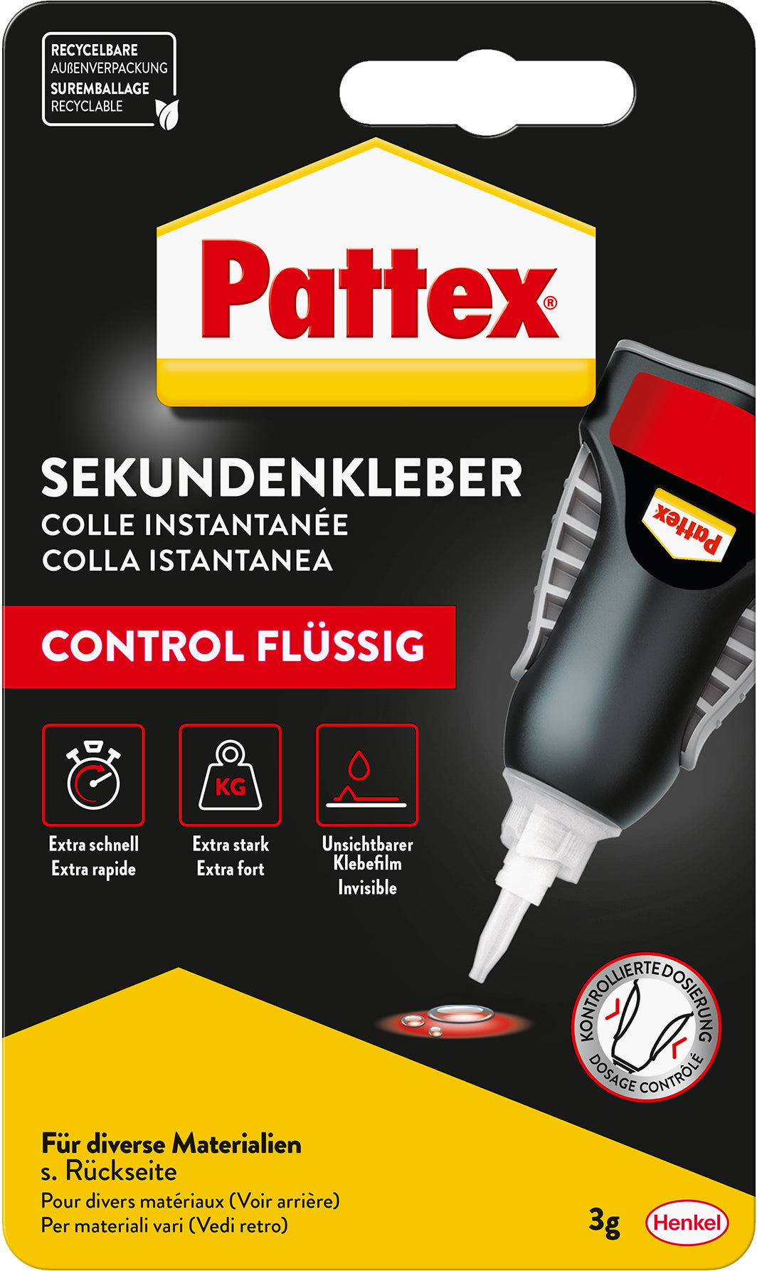 Pattex Control Sekundenkleber – 3 g, für Kunststoffe, Porzellan, Keramik