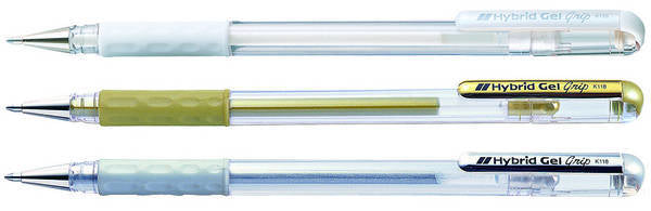 Pentel Hybrid Gel Grip DX Gelschreiber, Kappe – weiss/silber/gold, Spitze 1 mm, wasserfest, metallic, 3er-Set