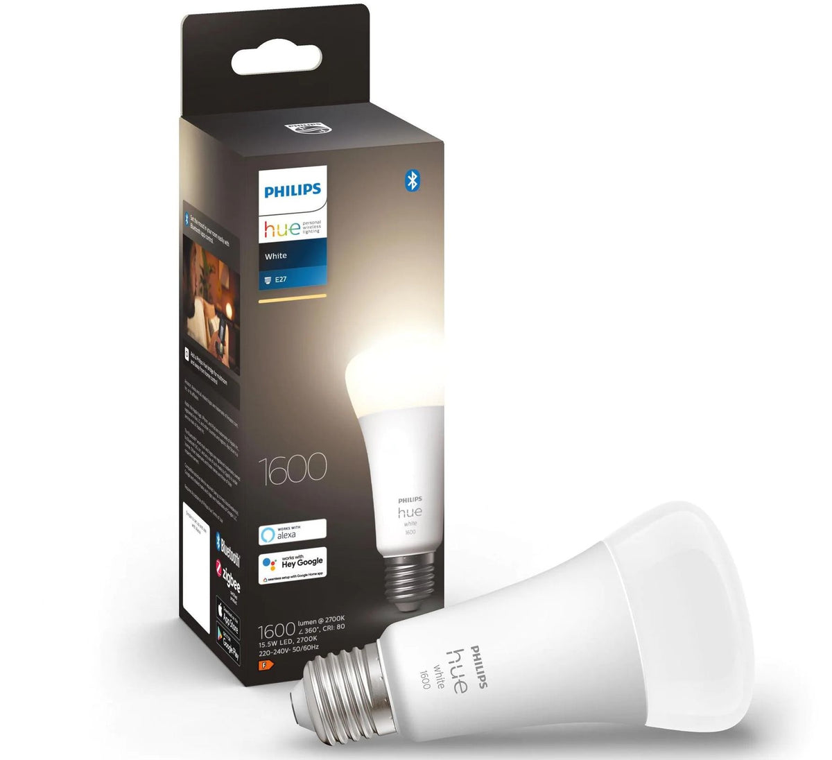 Philips Hue Smart-Leuchtmittel E27 – Warmweiss 2700 K, 1600 lm, 15,5 W, Bluetooth