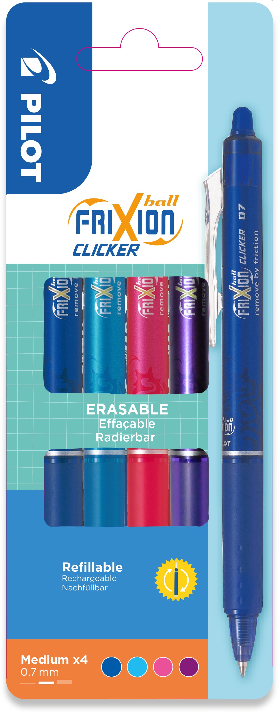 Pilot FriXion Clicker – Tintenroller, 0,7 mm, sortiert, radierbar, Druckmechanik – 4 Stk.