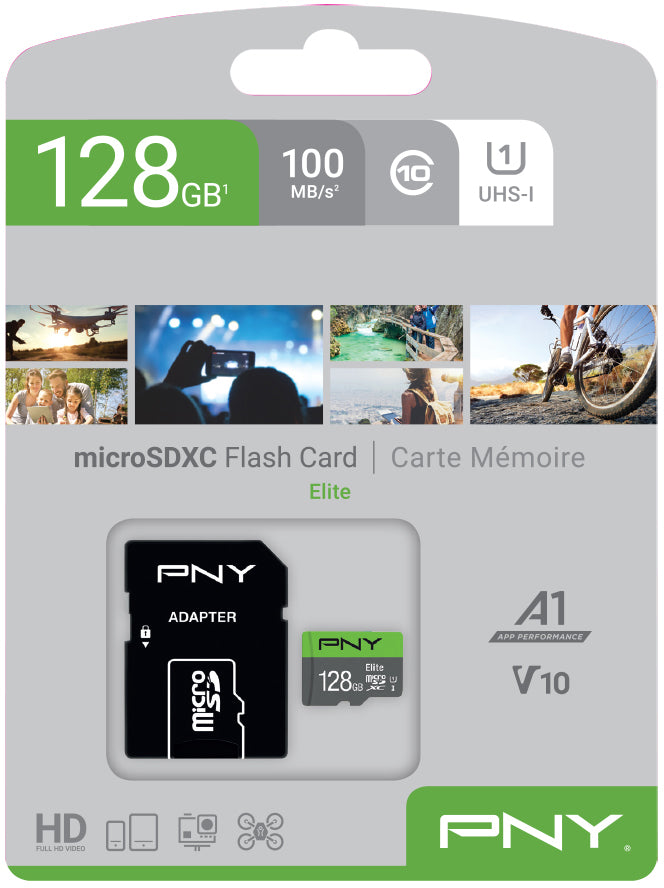 PNY Elite 128 GB – microSDXC – UHS-I, Klasse 10 (U1), V10 – Grün/Grau