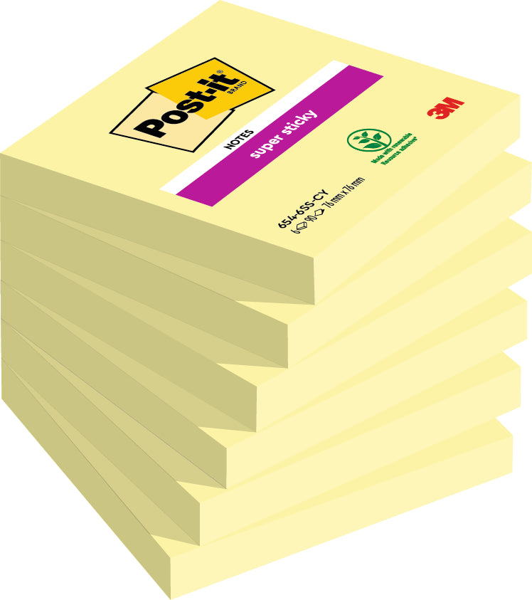Post-it Super Sticky Haftnotizen – 80 × 60 mm – gelb, 90 Blatt/Block, 6er-Pack, PEFC
