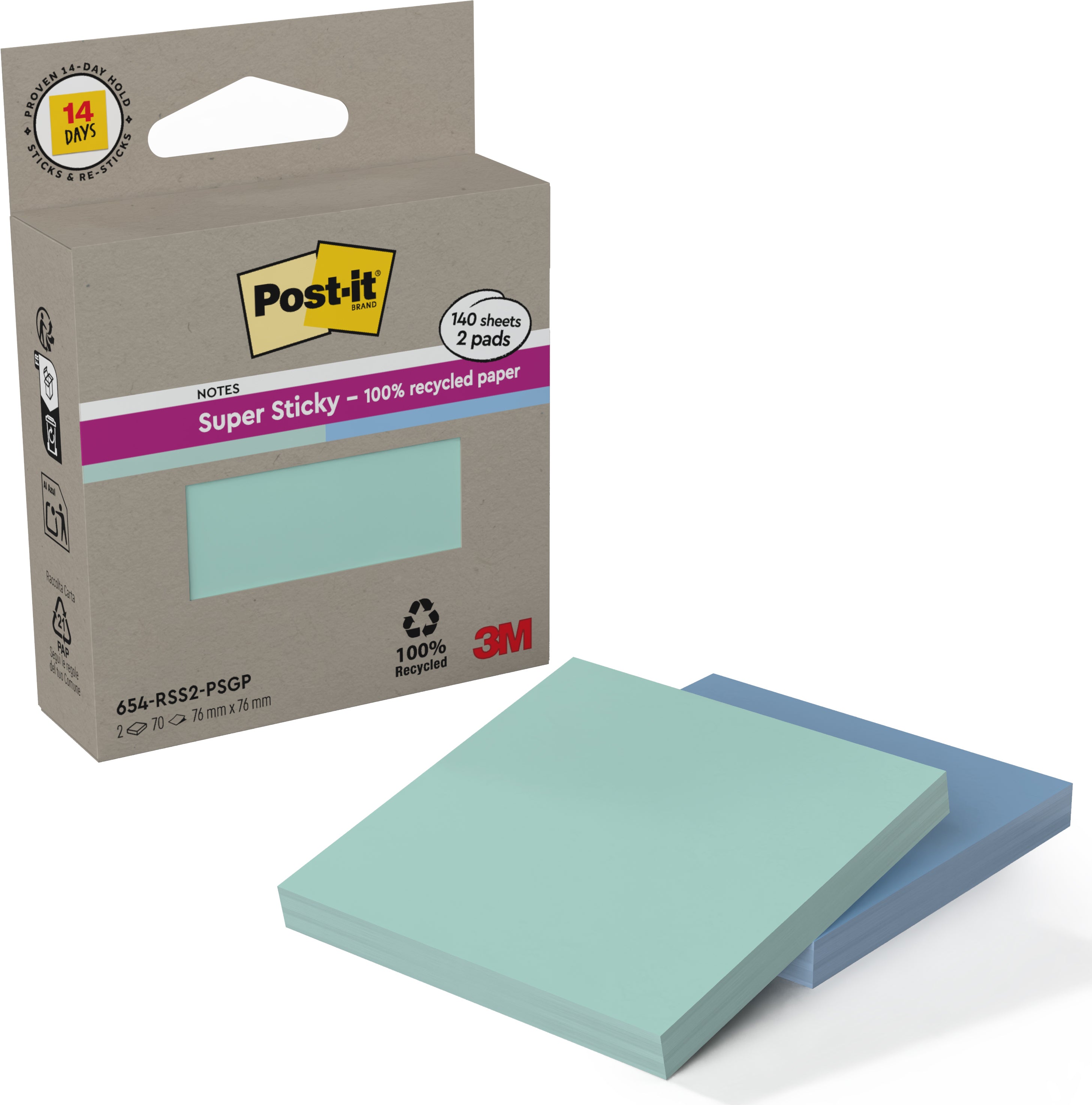 Post-it Super Sticky Haftnotizen – 76 × 76 mm – Mint, Blau, 70 Blatt/Block, 2er-Pack, PEFC, 100% Recycling