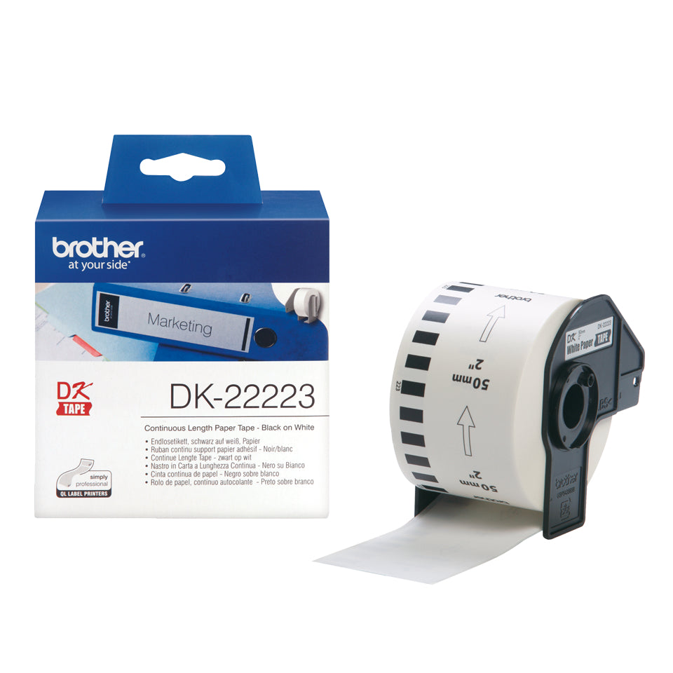 Ptouch Brother DK-22223 – Endlos-Etiketten 50 × 30,48 m – Papier, weiss – permanent haftend – für Brother QL-500