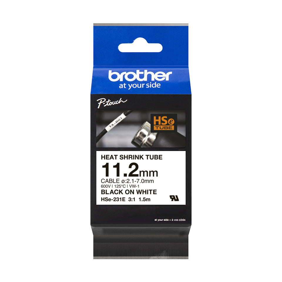 Ptouch Brother HSe-231E Schrumpfschlauch – schwarz auf weiss – Ø 11,2 mm, Polyolefin, nicht klebend – für Brother PT