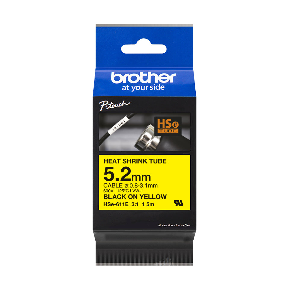 Ptouch Brother HSe-611E Schrumpfschlauch – Schwarz auf Gelb – Ø 5 mm – für Brother PT-E300/PT-E550W