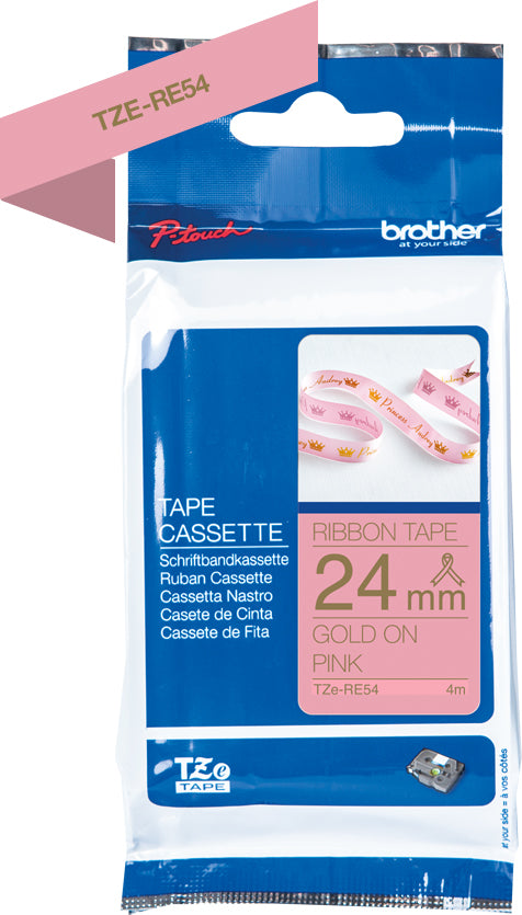 Ptouch Brother TZe-RE54 Textil-/Satinband – rosa auf gold – 24 mm × 4 m, Satin – für Brother P-touch