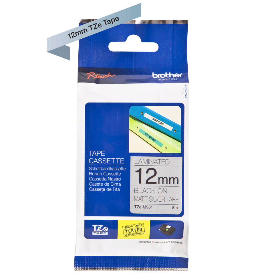 Ptouch Brother TZe-M931 Flexibles Schriftband – Schwarz auf Matt-Silber – 12 mm × 8 m, laminiert – für PT-550