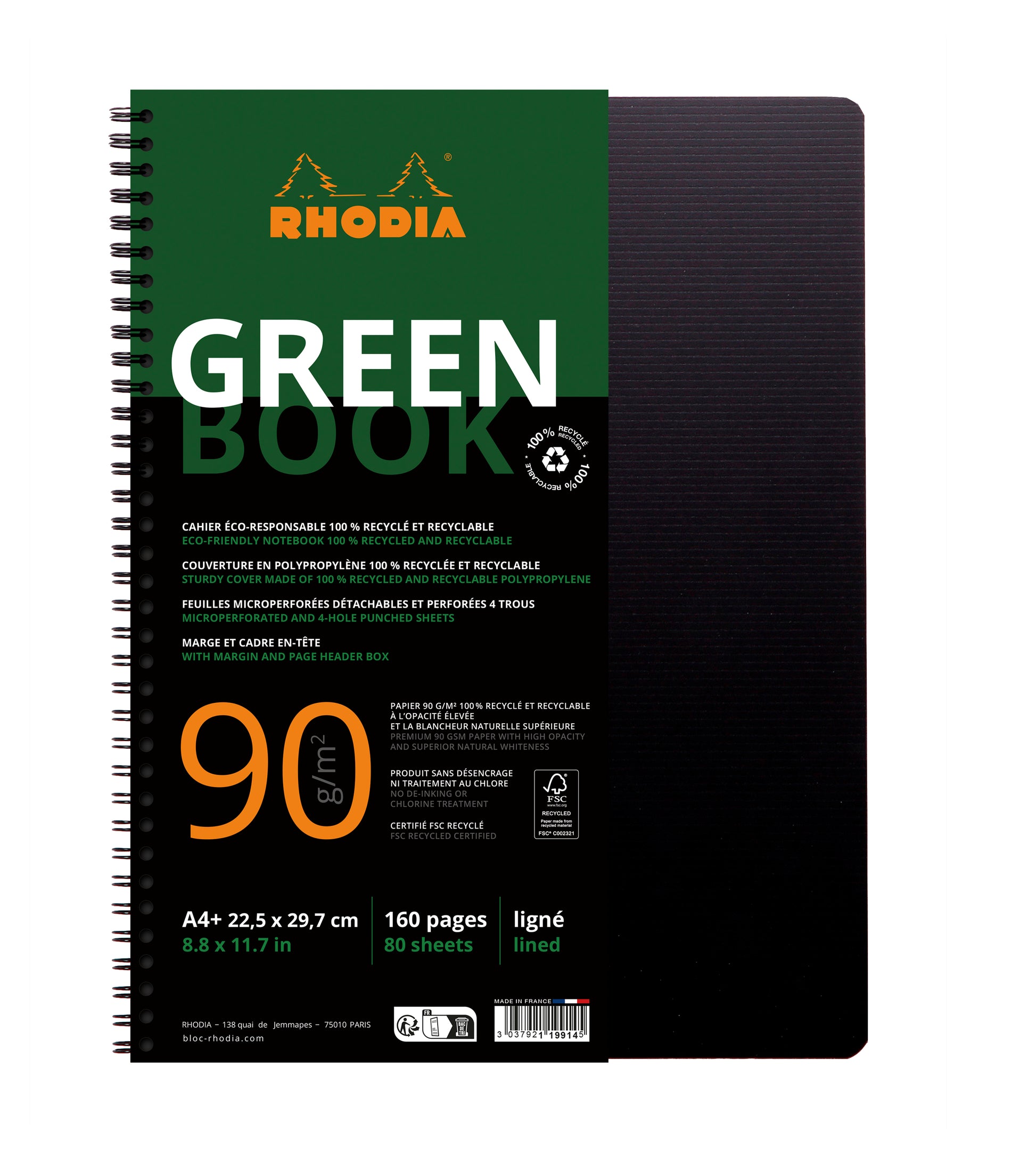 Rhodia Greenbook Collegeblock – A4+ – liniert – 80 Blatt – 90 g/m² – mikroperforiert, 4-fach gelocht – schwarz