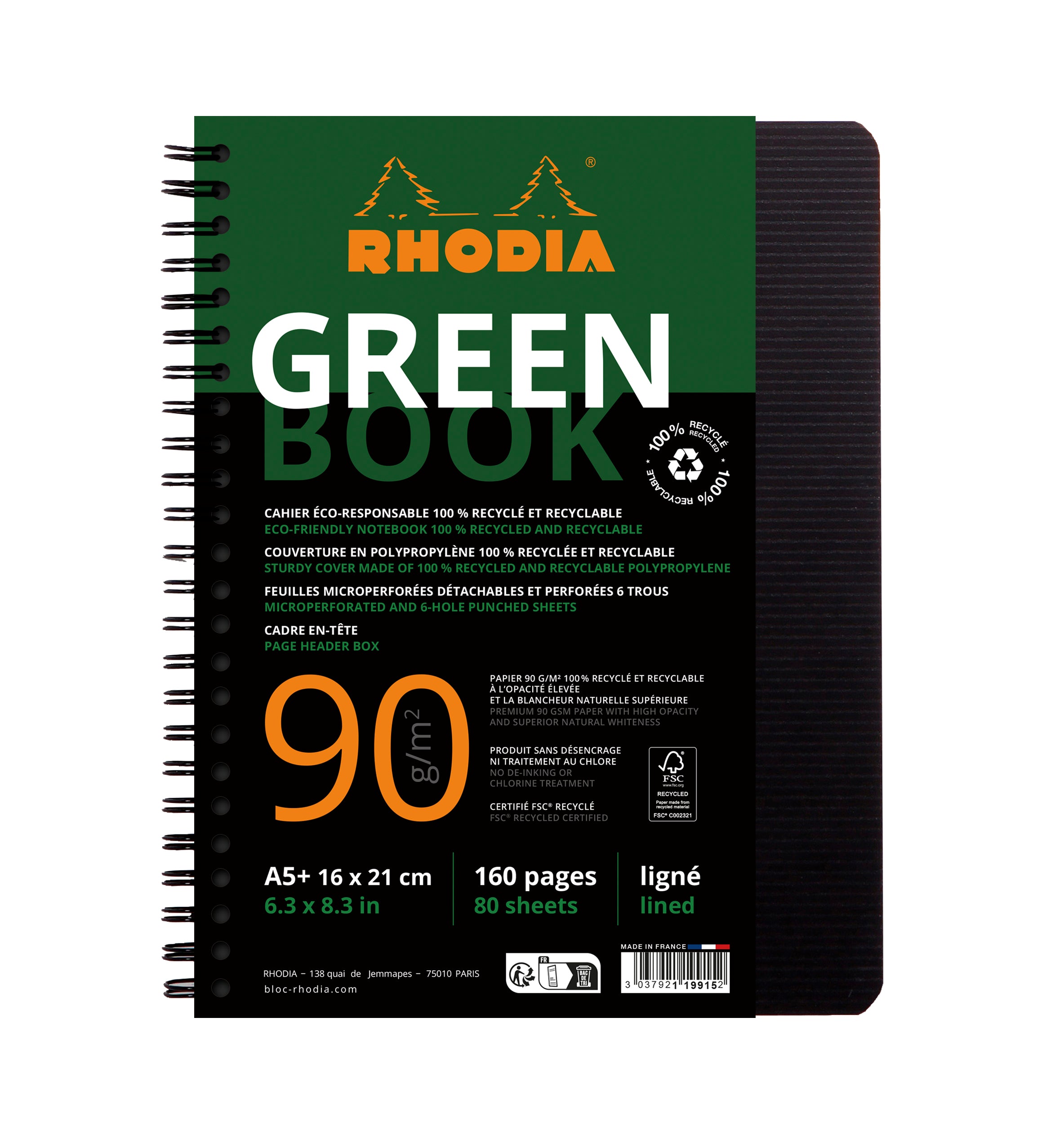 Rhodia Collegeblock – A5+ – Recycelter Polypropylen-Umschlag, Recyclingpapier – Schwarz