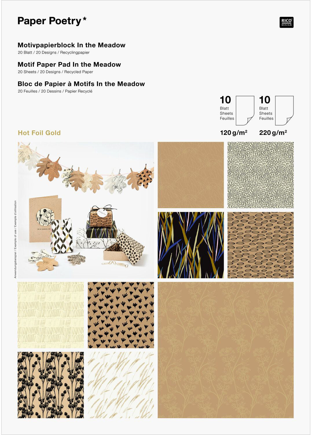 Rico Design Designpapierblock – A4, In the Meadow, 120/220 g/m² – Hotfoil, Gold