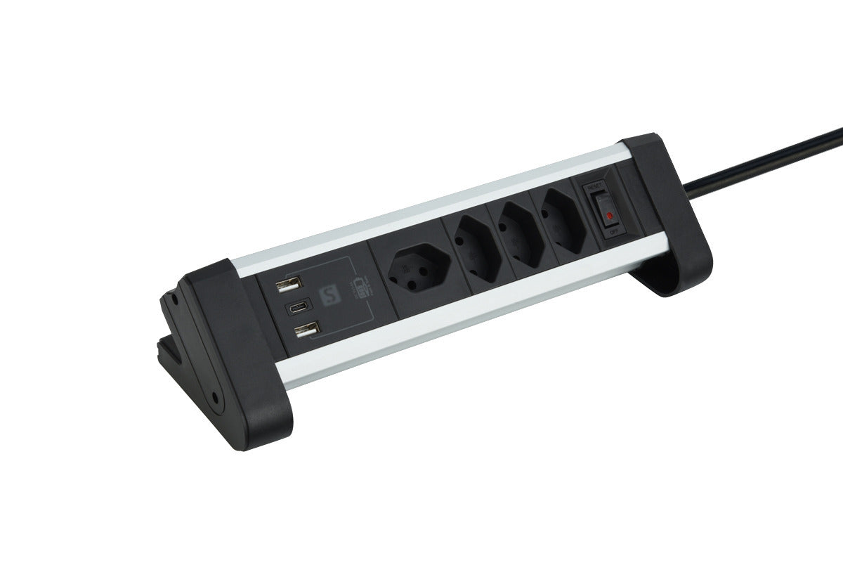 M. Schönenberger 85.860.4AL Tischsteckdosenleiste, 4×T13, 1×USB-A + 1×USB-C, mit Schalter – Silber/Schwarz