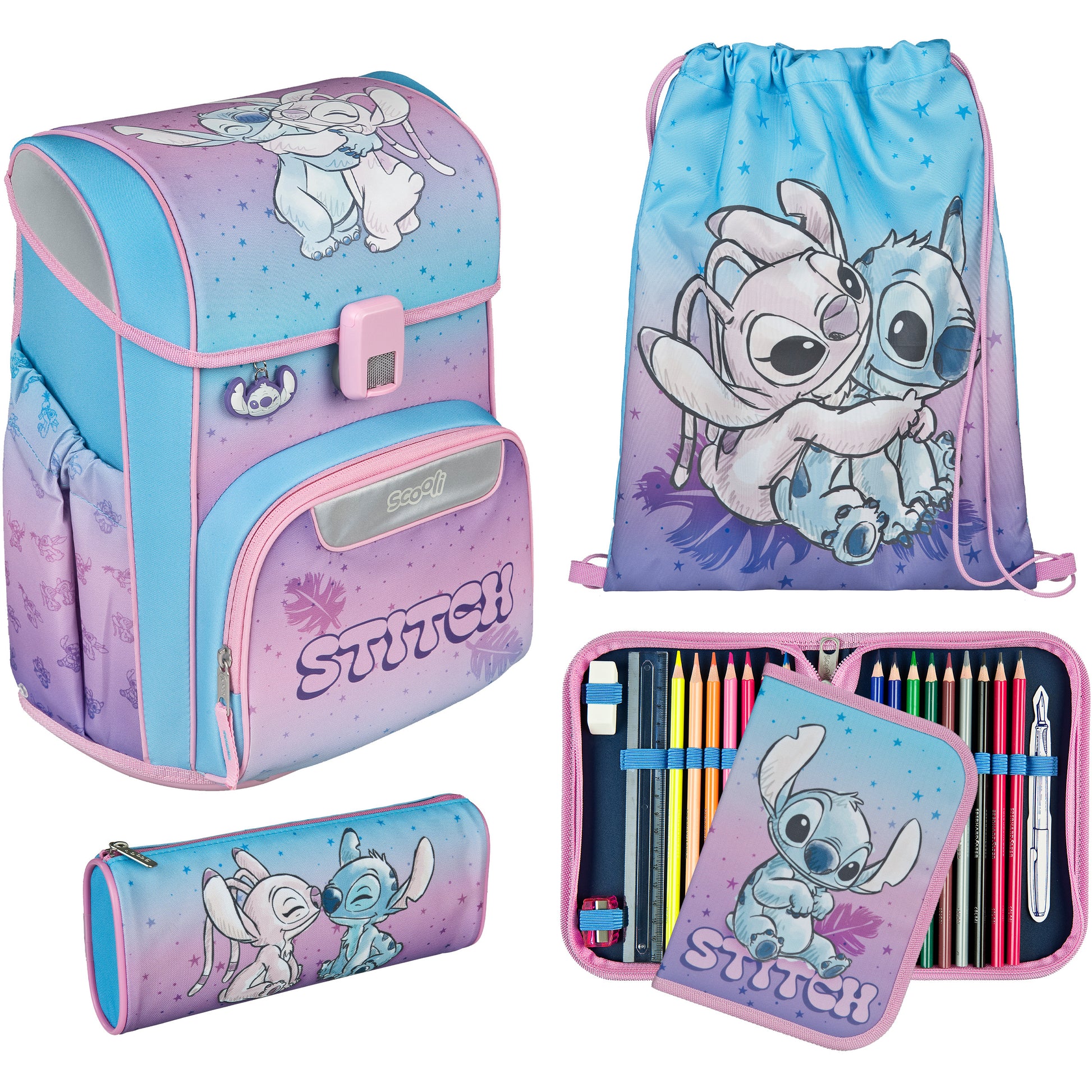 Scooli EasyStart – 5-teiliges Schulrucksack-Set, Lilo & Stitch, 19 l, 29×22,5×37 cm