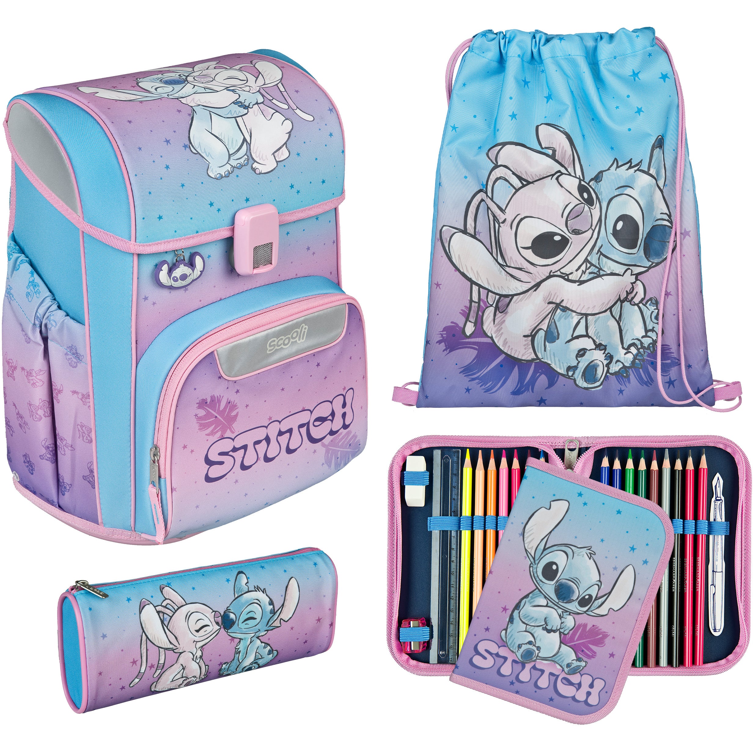 Scooli EasyStart – 5-teiliges Schulrucksack-Set, Lilo & Stitch, 19 l, 29×22,5×37 cm