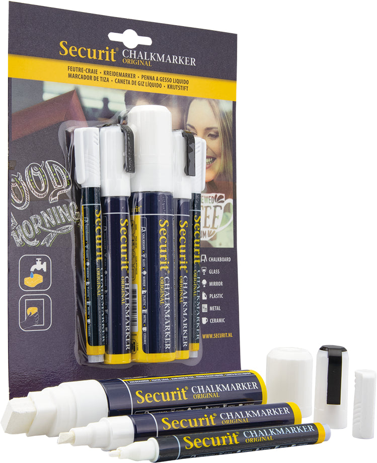 Securit BL-SMAMIX-V5-WT Kreidemarker – Rund 1–15 mm – 5er-Set, Weiss, für Tafel/Glas/Metall