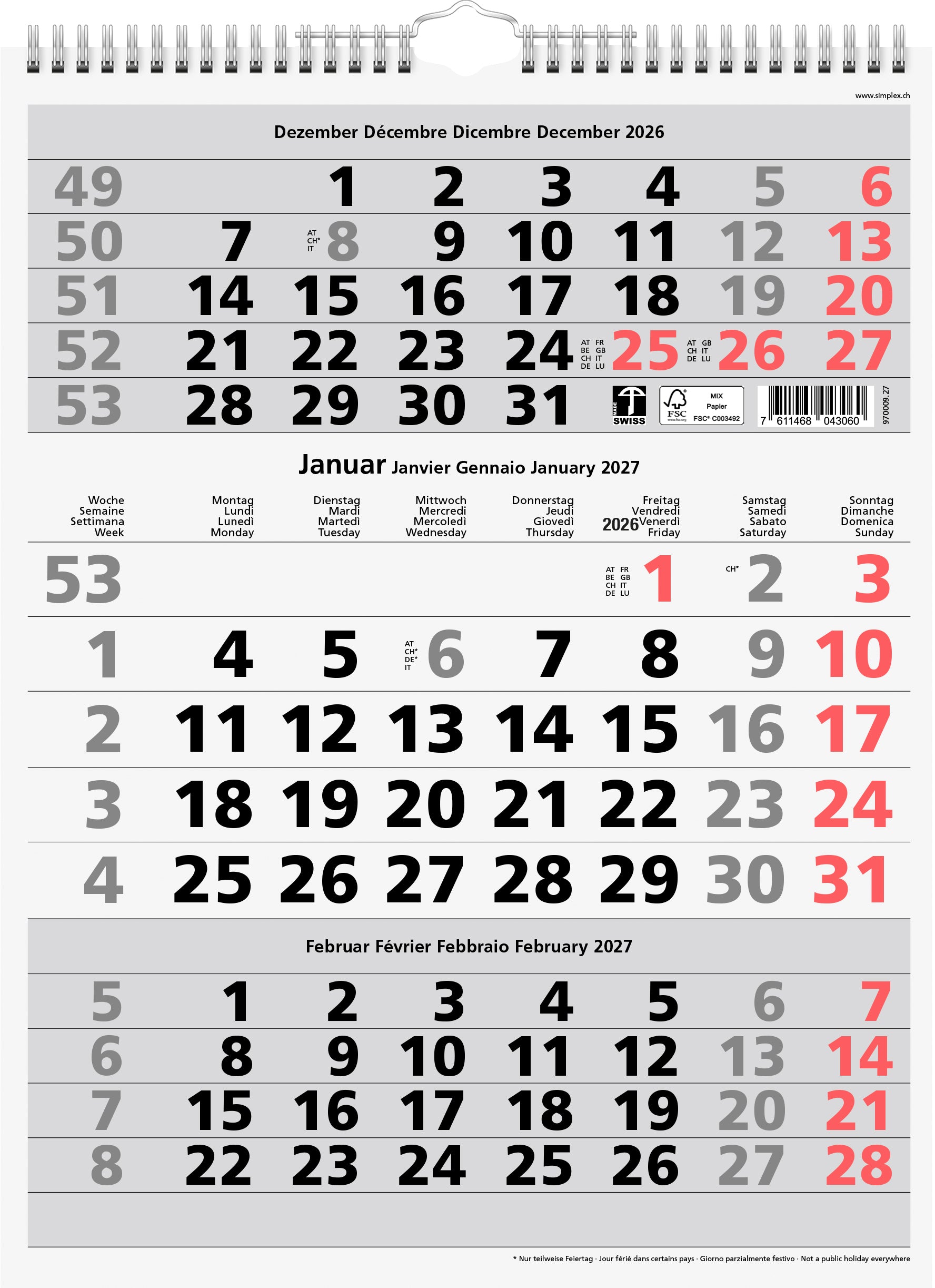 Simplex 3-Monats-Kalender, 2027, 31 × 40 cm, Spiralbindung