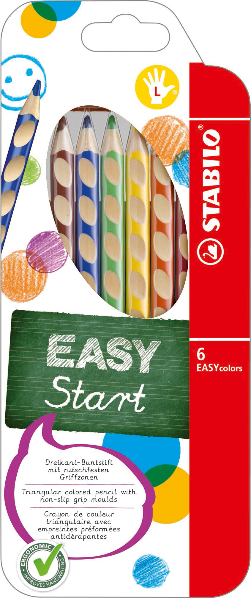 STABILO EASYcolors L Farbstifte – 6 Farben, für Linkshänder, Dreikant, Ø 4,2 mm, Etui
