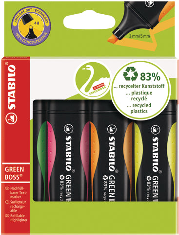 STABILO GREEN BOSS Textmarker – 4er Set, Farben: Grün/Orange/Pink …, Keilspitze 2–5 mm, nachfüllbar