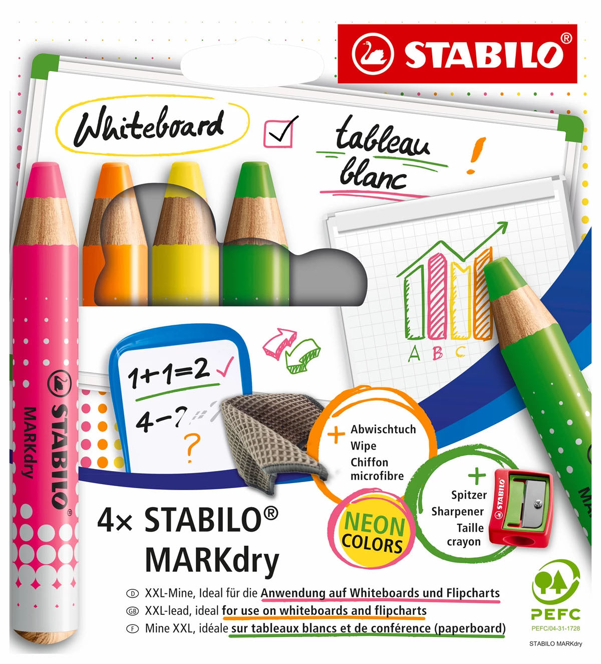 STABILO Whiteboard-Marker – 4 Farben, 4er Set, trocken abwischbar, geruchsarm – für Whiteboards und Flipcharts