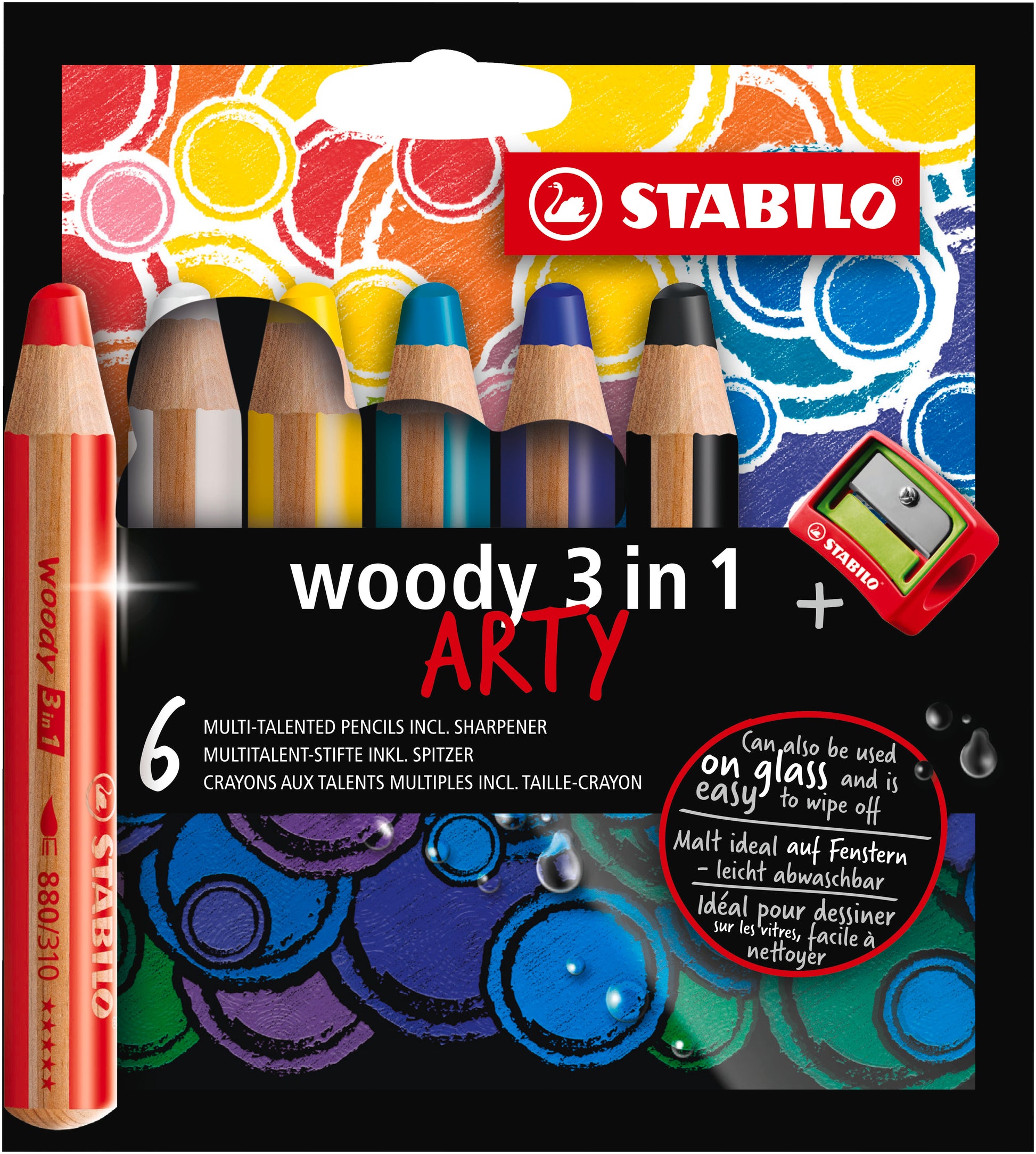 STABILO Buntstifte woody 3 in 1 ARTY – 3-in-1, rund, Minendurchmesser 10 mm, 6 Farben, im Kartonetui, mit Spitzer