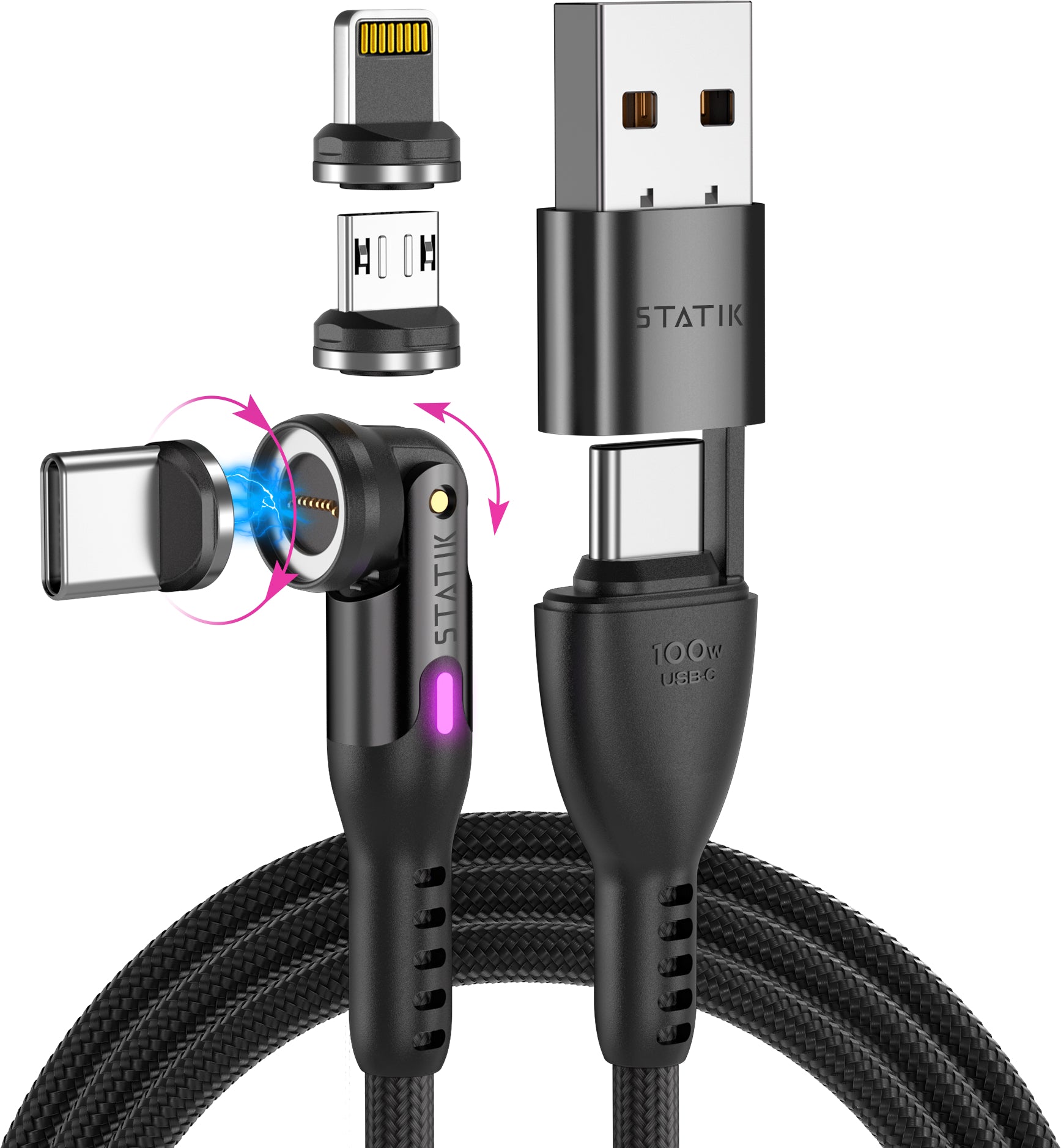 Statik USB-Kabel – USB-C, magnetisch (Lightning/USB-C/Micro-USB) – 3 m – PD 100 W