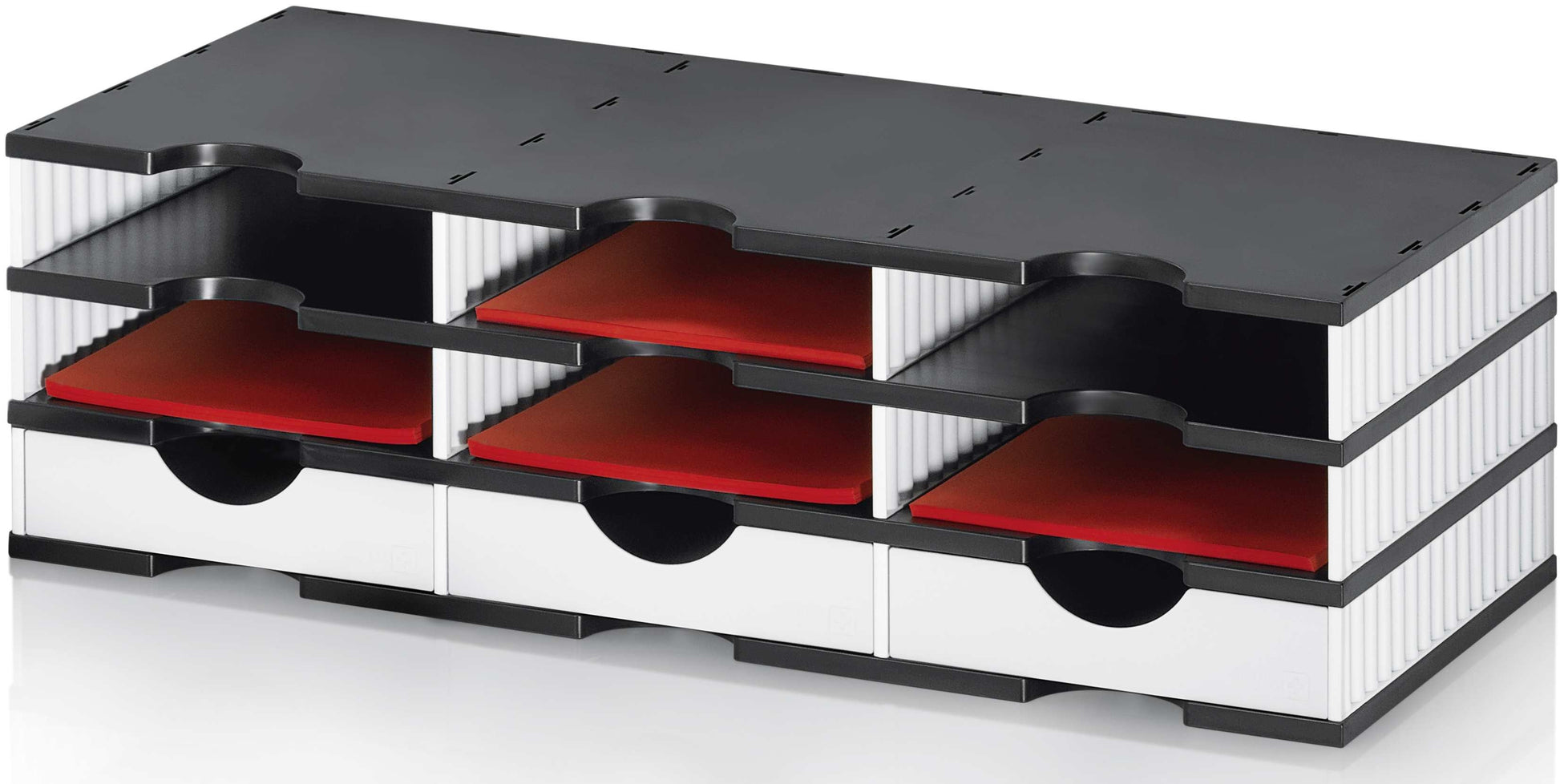 styrodoc trio – Dokumentenablage 6 Fächer/3 Schubladen für C4, schwarz/weiss, 362 × 145 × 753 mm