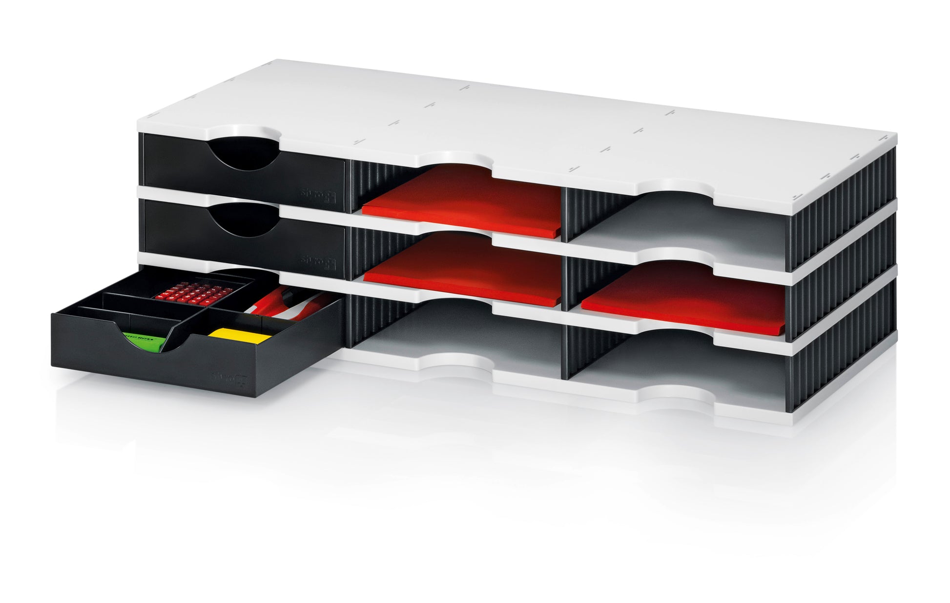 styrodoc trio – Dokumentenablage 9 Fächer, 3 Schubladen, weiss/schwarz, 360 × 140 × 745 mm