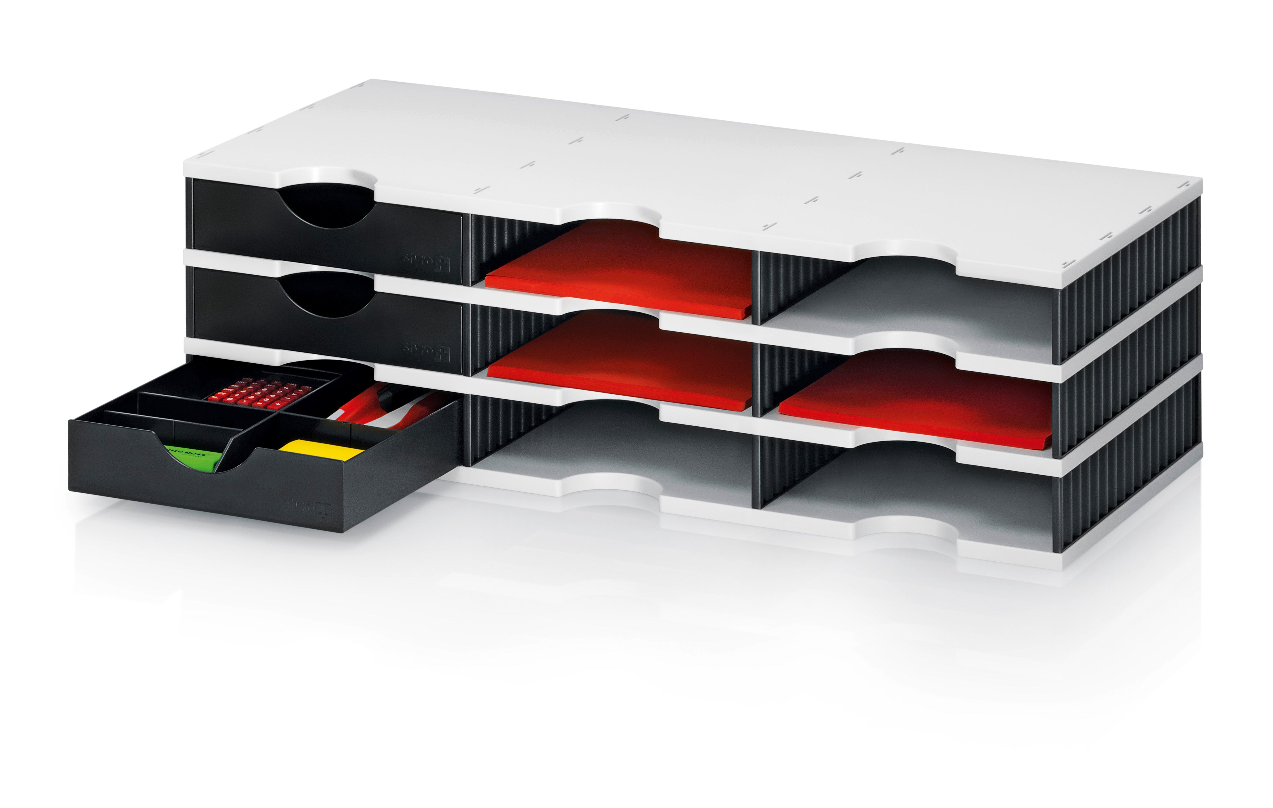 styrodoc trio – Dokumentenablage 9 Fächer, 3 Schubladen, weiss/schwarz, 360 × 140 × 745 mm