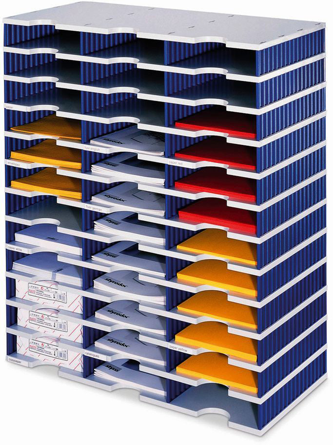 styrodoc trio Wandsortierer – 36 Fächer, erweiterbar, blau/grau, Polystyrol, B 723 × H 853 × T 331 mm