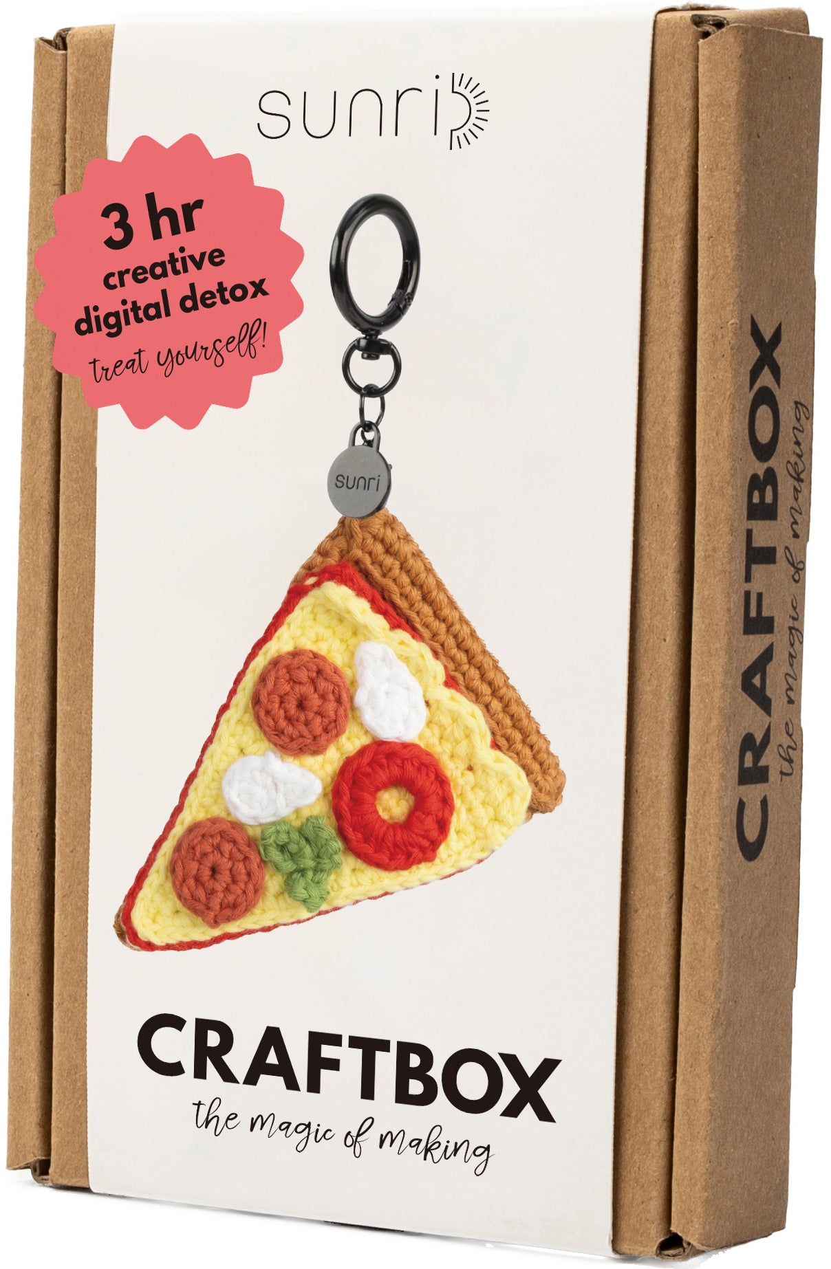 Sunri Häkelset Schlüsselanhänger Pizza – ca. 7,5 × 10,5 cm – inkl. Bambus-Häkelnadel & RPET-Füllwatte