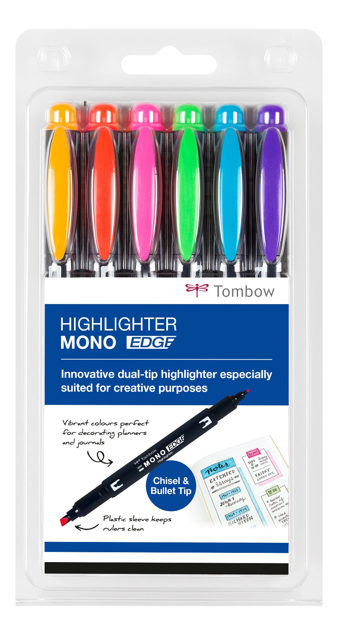 Tombow MONO edge Textmarker – 6er Set, Farben: Pink/Grün/Koralle …, Keil/Fein 3,8/0,8 mm, schnelltrocknend