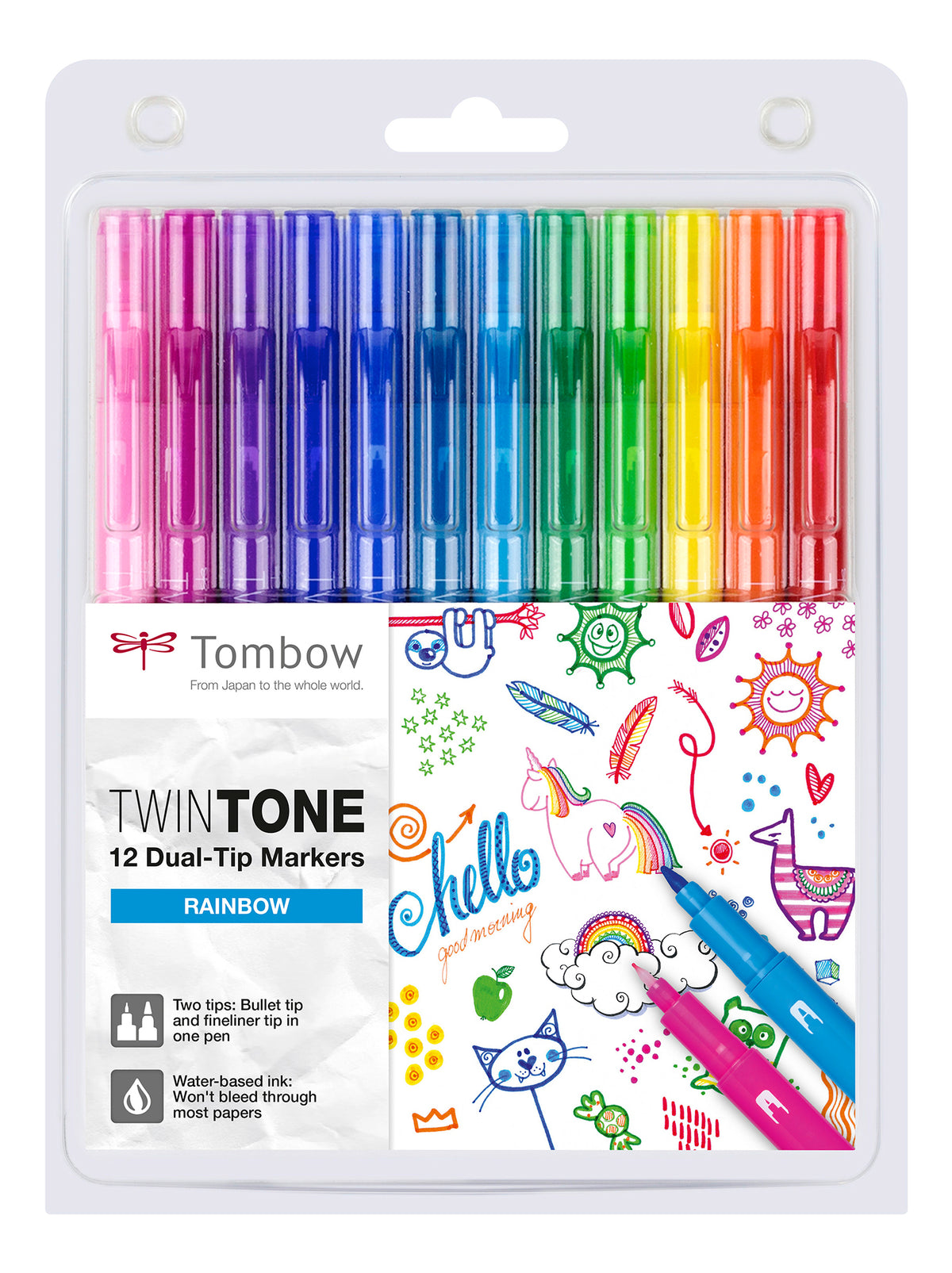 Tombow TwinTone Filzstift, Doppelspitze – Kombi (Rund + Fein), 0,3–0,8 mm, wasserbasiert, 12 Farben