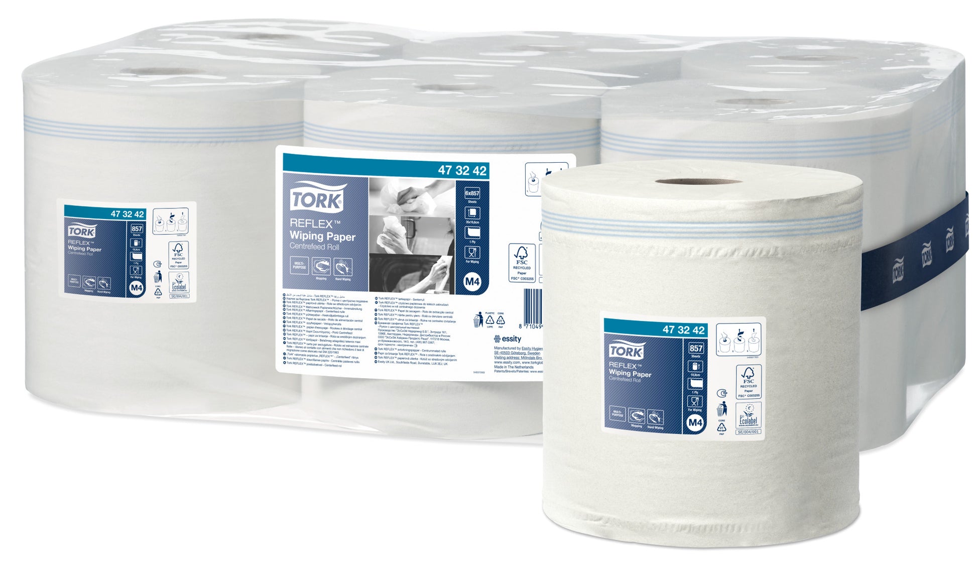 Tork Reflex Wischtuchrolle 473242 – 1-lagig – 19,8 × 35 cm – 857 Blatt – für M4 – weiss – 6 Rollen
