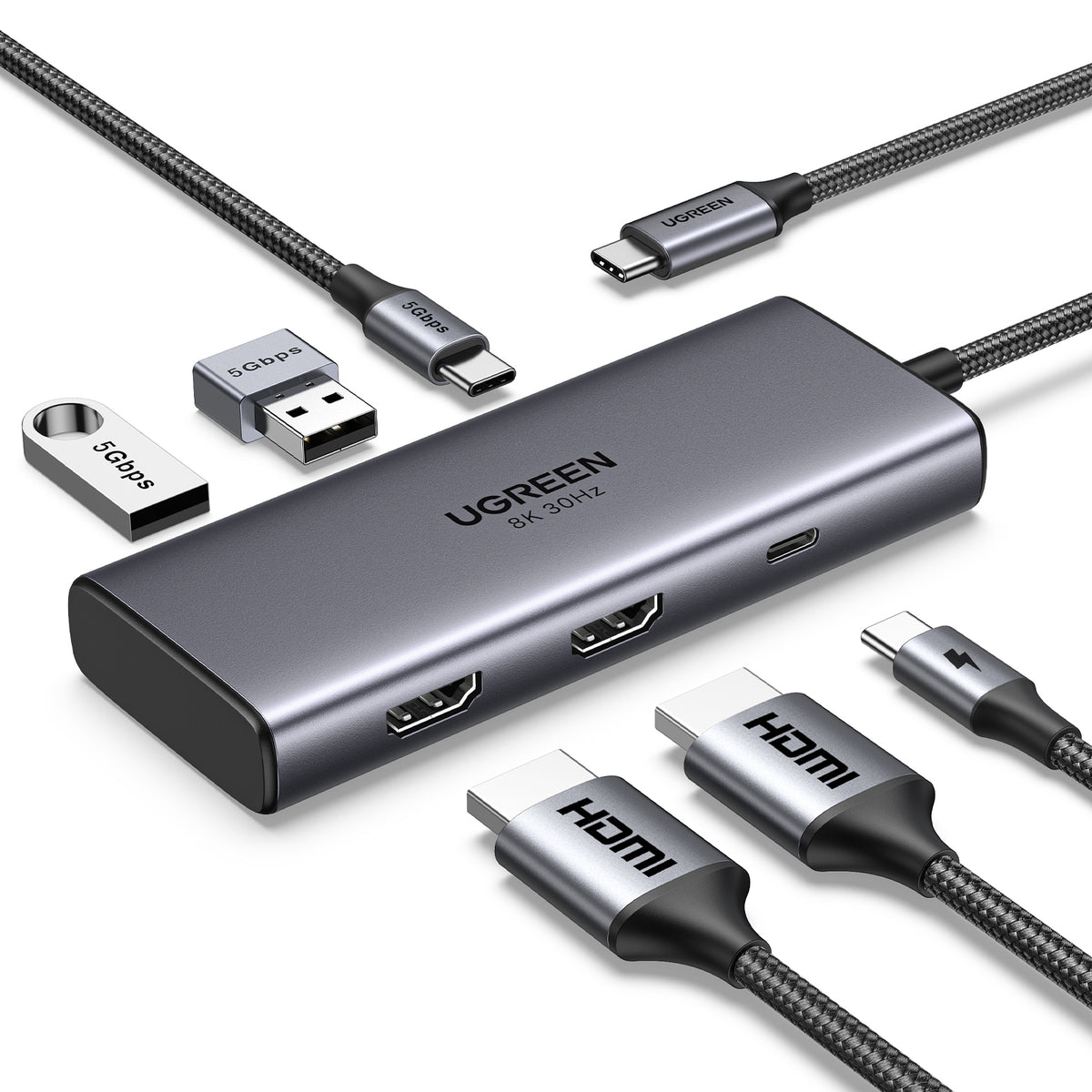 Ugreen Revodok 206 Multiport-Adapter – USB-C, 2× HDMI, 2× USB-A, 1× USB-C, 100 W PD, für Windows