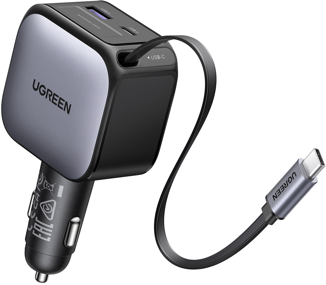 Ugreen 55212B Auto-Ladegerät 60 W – 2× Ports, einziehbares USB-C-Kabel (bis 30 W) – für Fahrzeuge