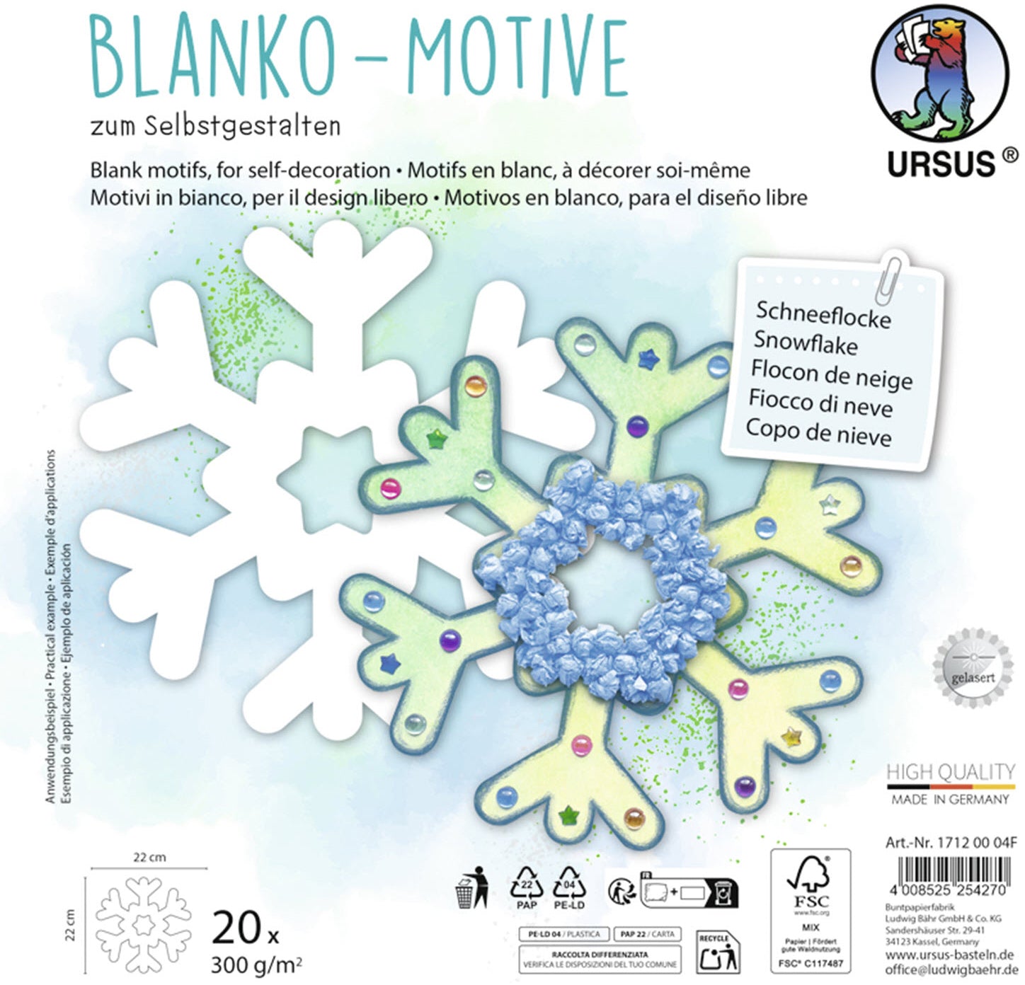 Ursus Scherenschnittpapier Blanko Motive – 23 × 23 cm, Schneeflocke, 300 g/m² – 20 Blatt, Fotokarton
