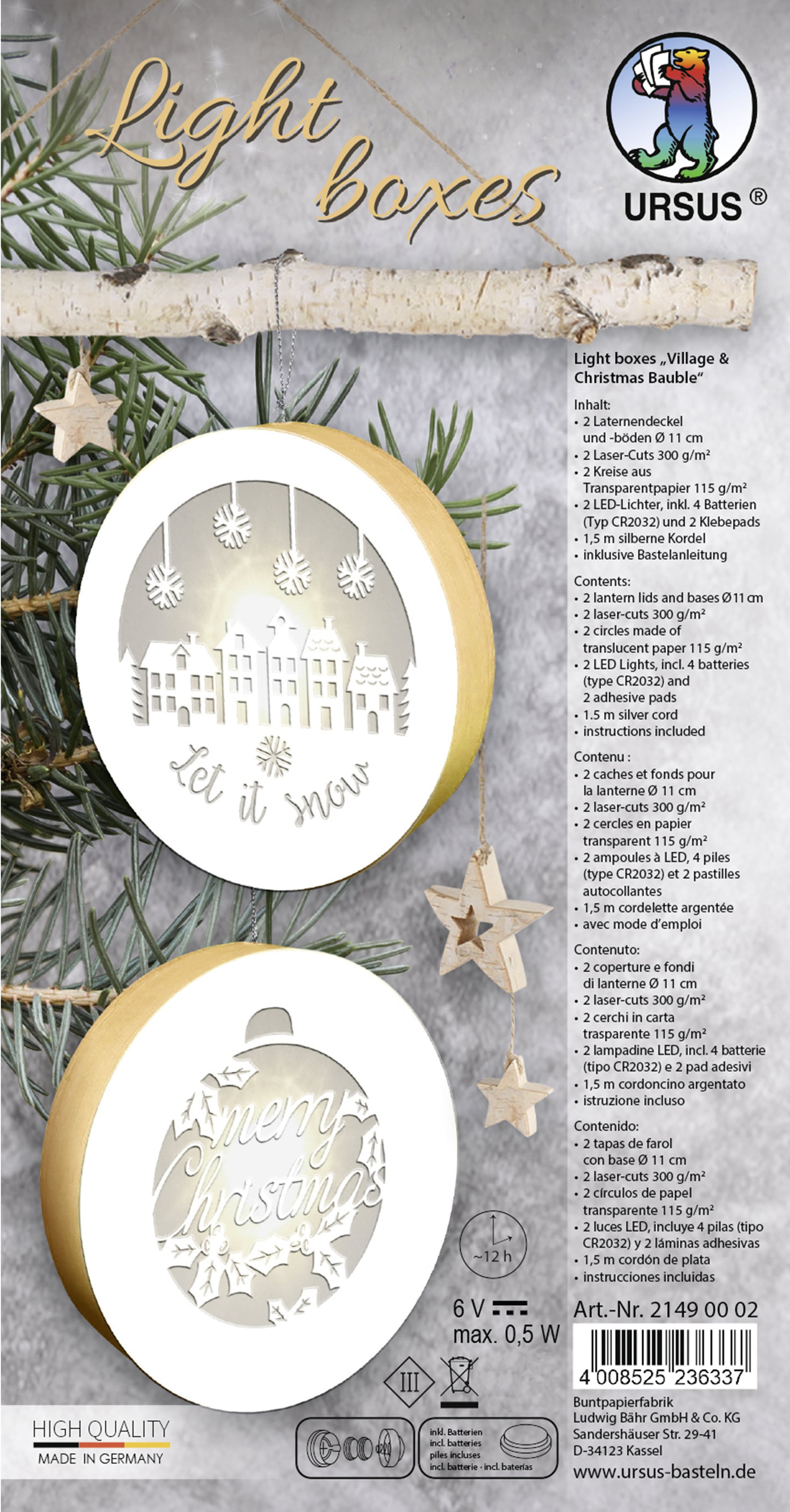 URSUS Light Boxes – Bastelset – Village & Christmas Bauble – Ø 11 cm – 2 Stück – mit LED, batteriebetrieben