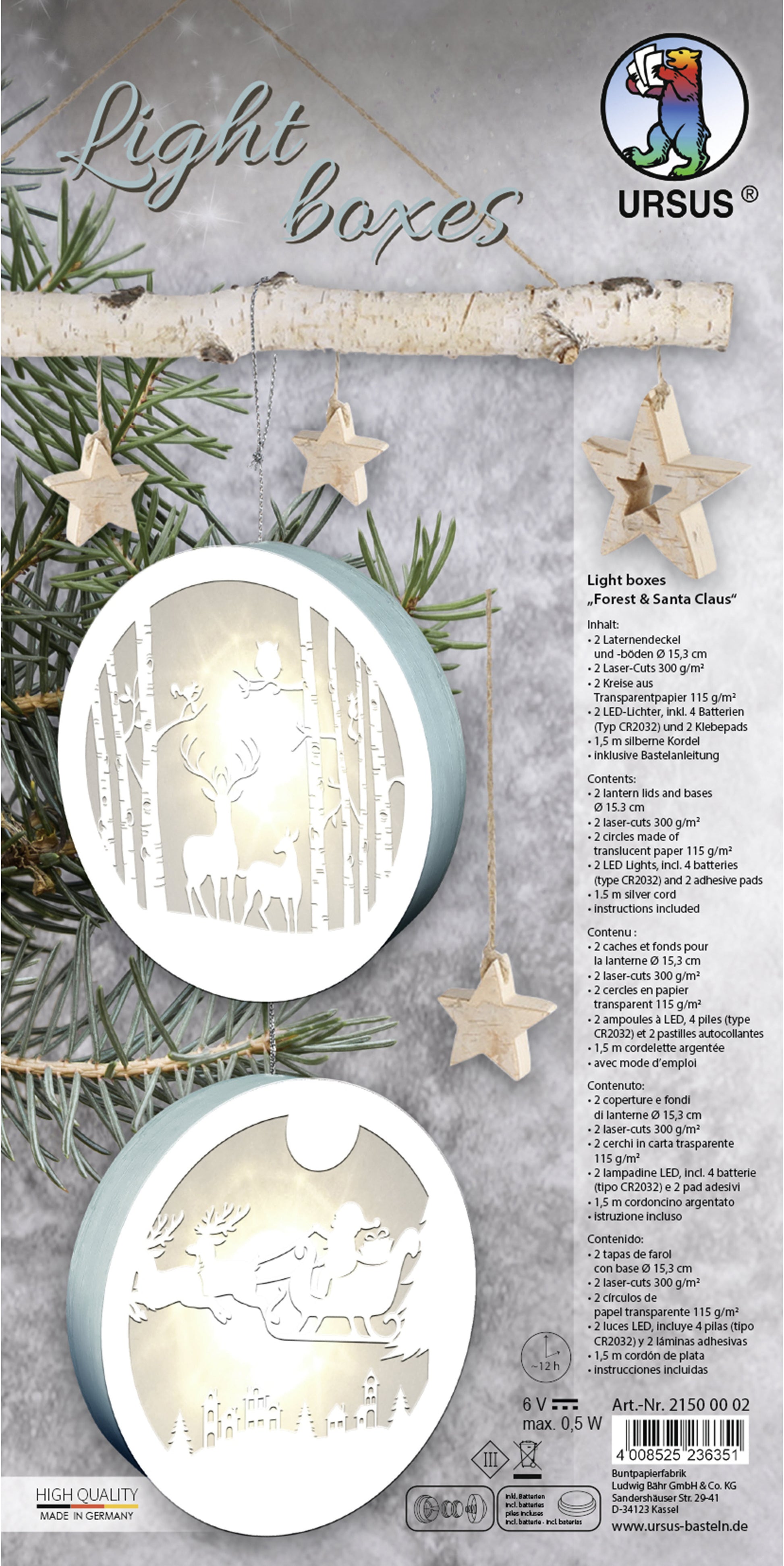 URSUS Bastelset – Forest & Santa Claus – Ø 15,3 cm – 2-teilig – Papier, inkl. LED und Batterien