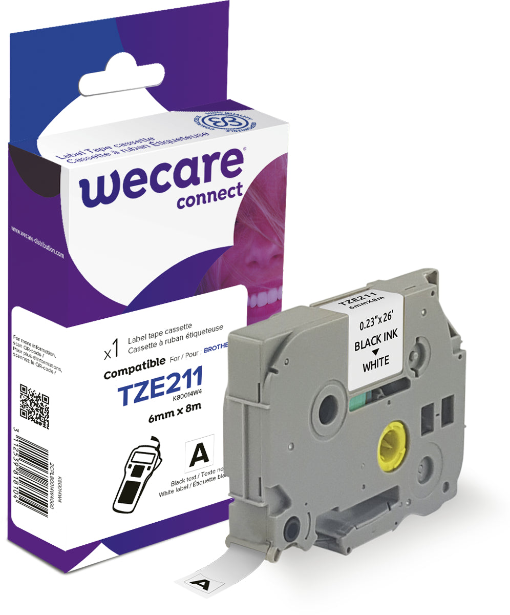 Wecare TZe-211 Schriftband – Schwarz auf Weiss – 6 mm, laminiert – für Brother P-touch