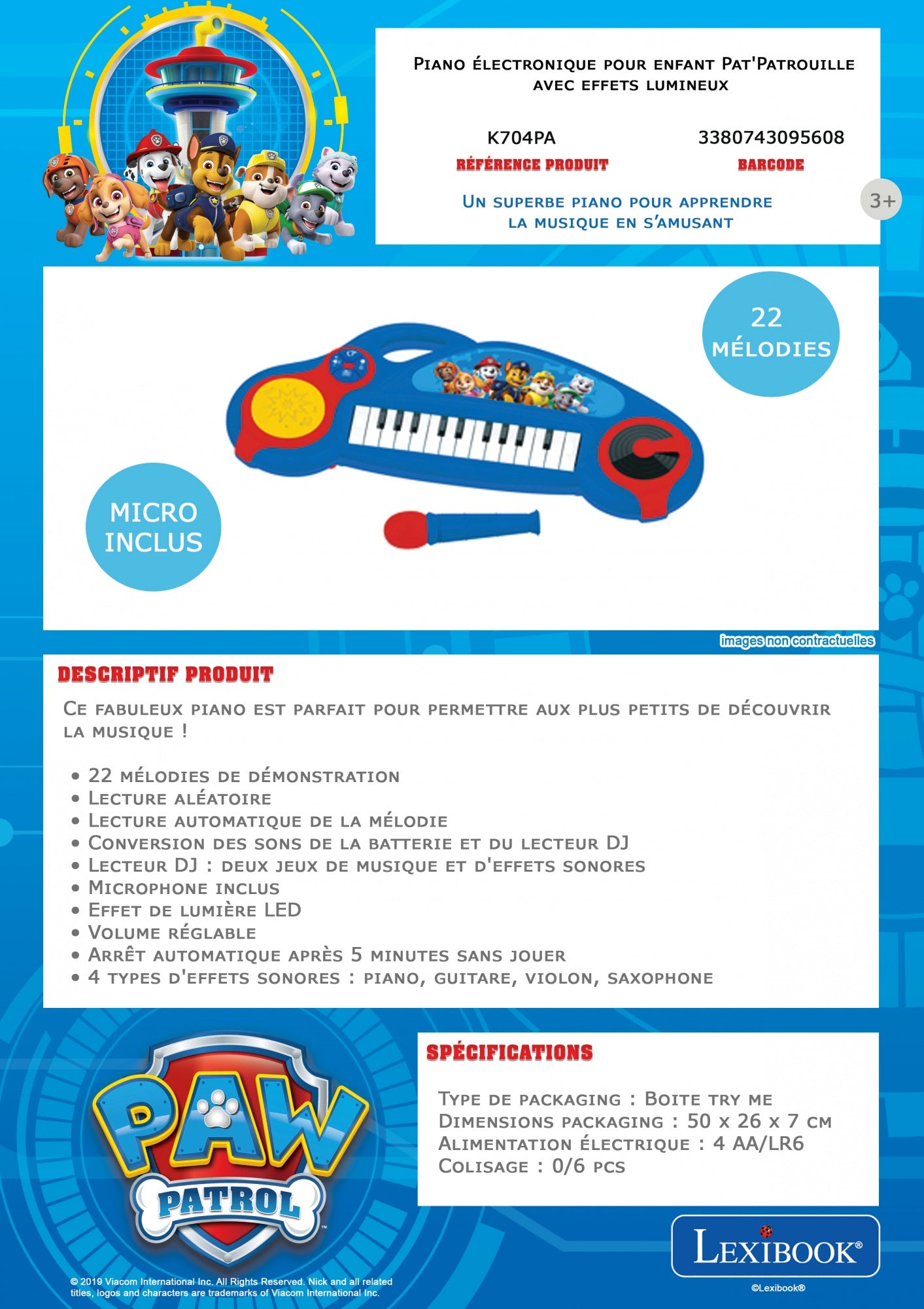 Lexibook PAW Patrol Keyboard – Klavier, 4 Modi, Lichteffekte – ab 3 Jahren – mehrfarbig