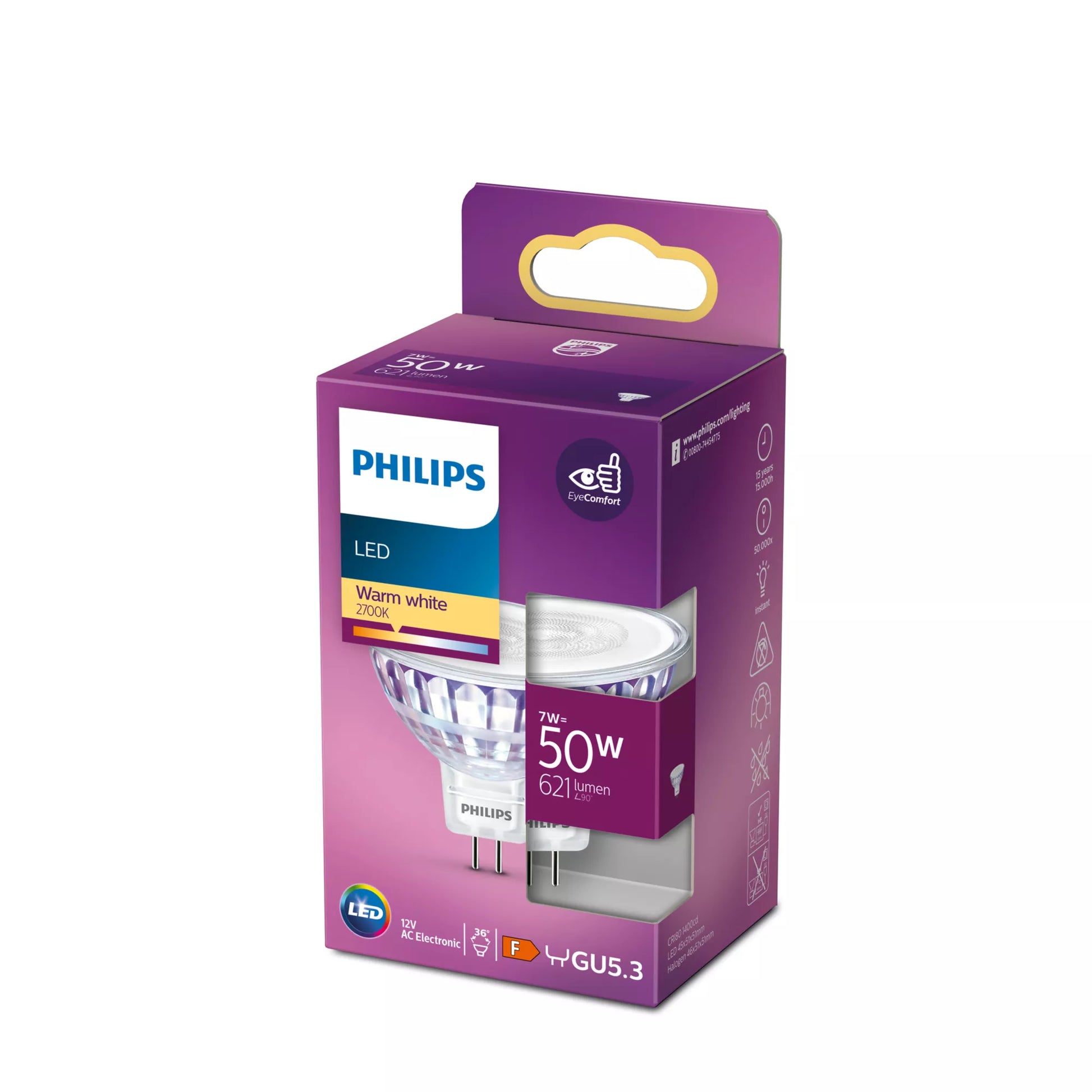 Philips by Signify Philips LED-Leuchtmittel MR16 GU5.3 – Warmweiss 2700 K, 621 lm, 7 W, 36° – 1 Stk. – Klar