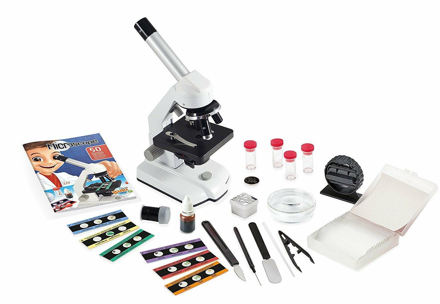 Buki Experimentier-Bausatz – MIKROSKOP 50 EXPERIMENTE, 100×, 250×, 1000×, batteriebetrieben, ab 8 Jahren