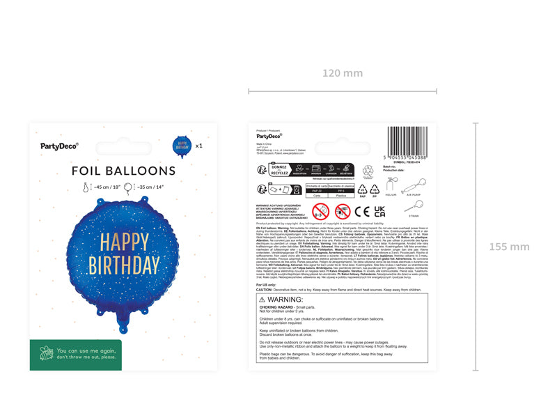 PartyDeco Folienballon Geburtstag – Gold/Marineblau – 45 × 45 cm – 1 Stk