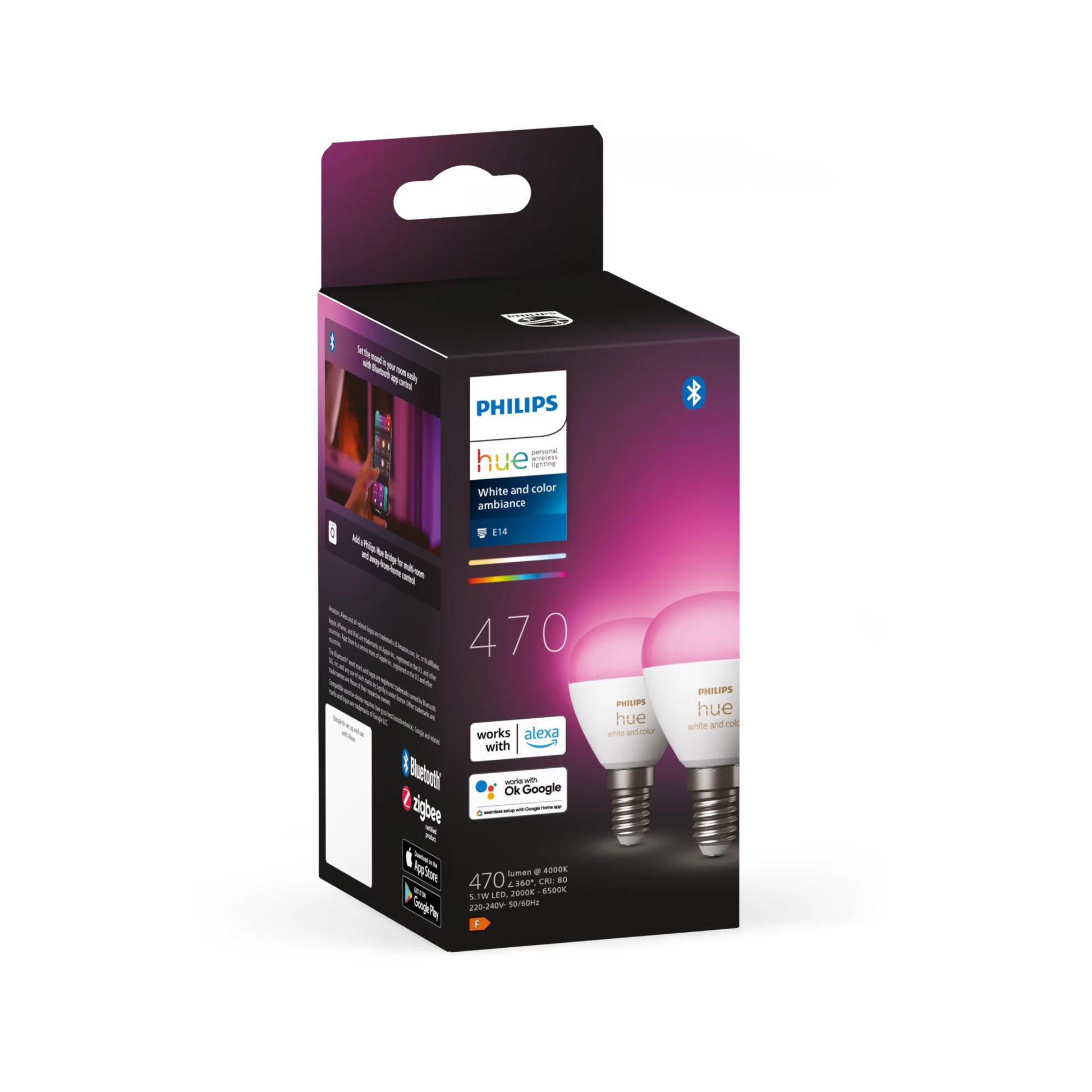 Philips by Signify Philips Hue Smart-Leuchtmittel E14 – RGBW, 470 lm, Bluetooth/Zigbee – für Hue Bridge, Alexa, HomeKit – 2 Stk.