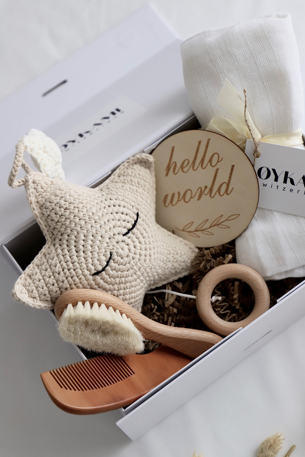 OYKAMI Geschenkbox – Baumwolle, Holz, Weiss, Beige
