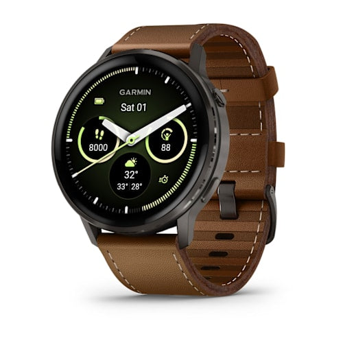 Garmin Venu 4 45 mm GPS – Edelstahl Schwarz, Braunes Lederarmband, 50 m, für iPhone